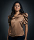Front Bow Attached Pink Satin Top-Brown